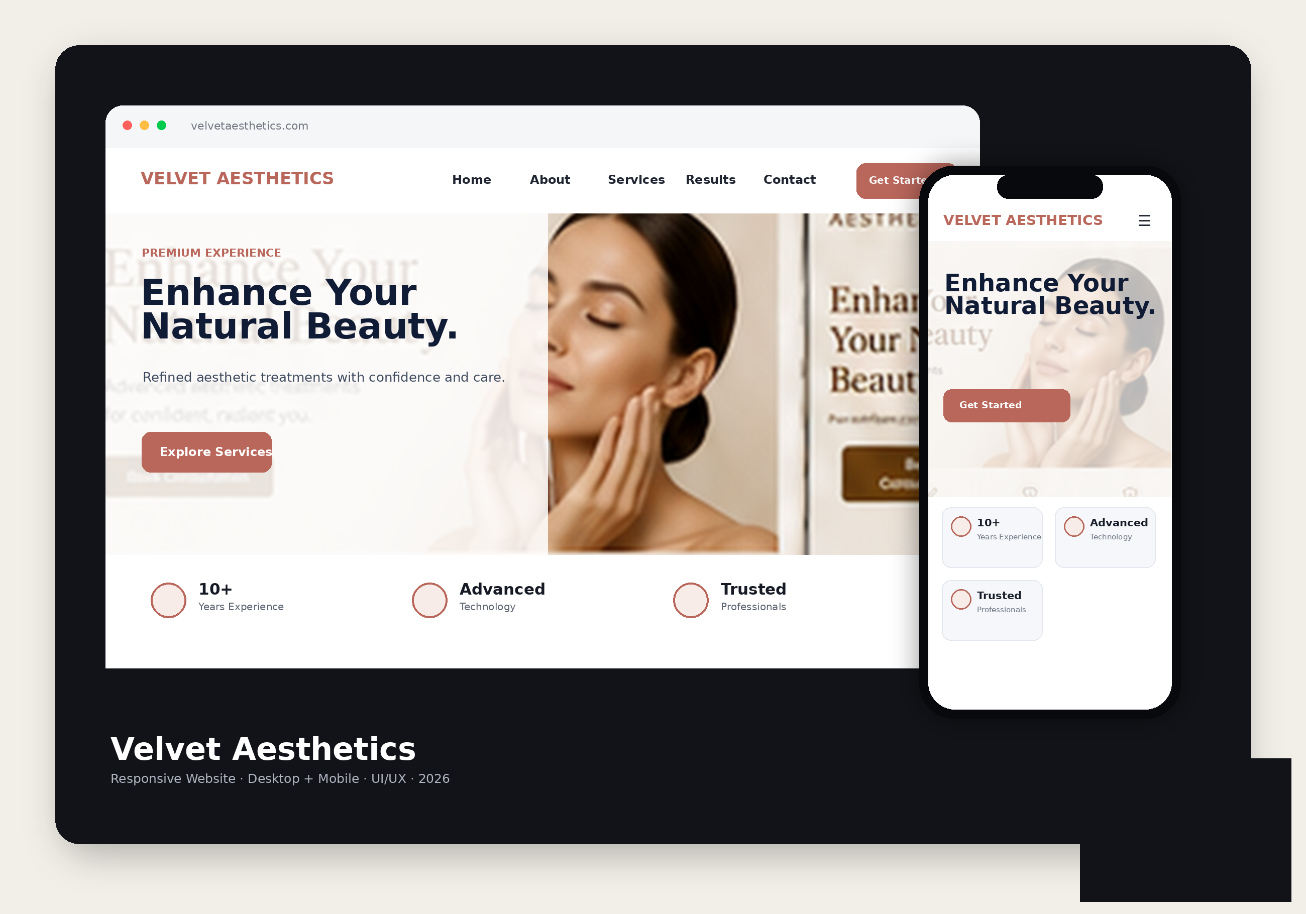 Velvet Aesthetics desktop and mobile website concept
